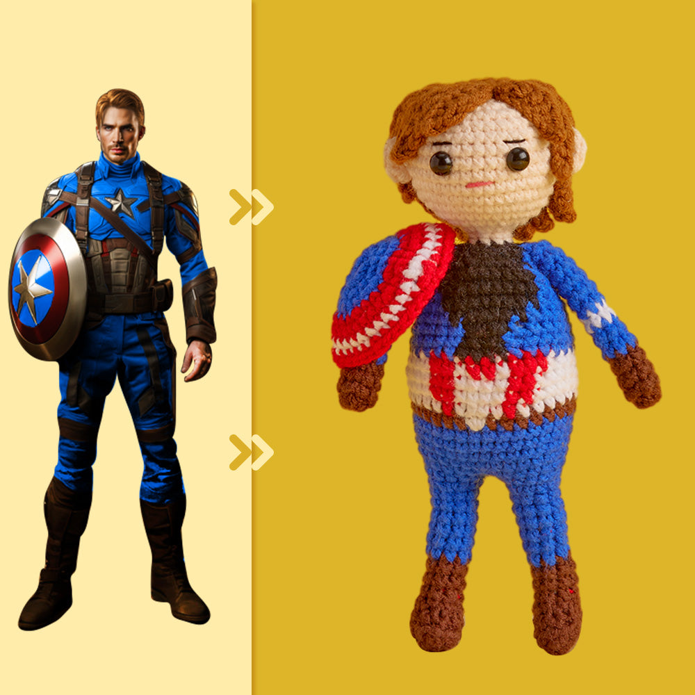 Ganzkörper Anpassbare 1-personen-häkelpuppe, Personalisierte Geschenke, Handgewebte Minipuppen – Captain America - MeineFotoTassen