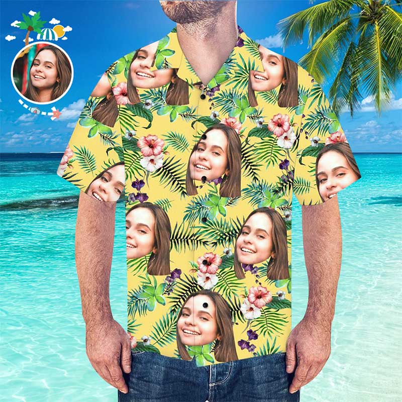 Benutzerdefiniertes Gesicht Hawaiihemd Regenwald personalisiertes T-Shirt für Ehemann