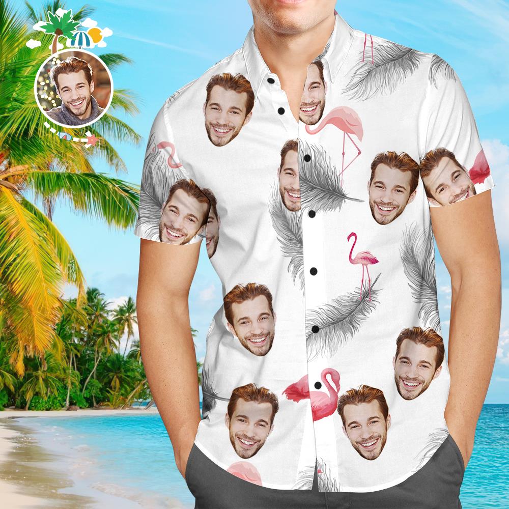 Personalisiertes Gesicht Hawaiihemd Weiße Feder Personalisiertes T-Shirt für Ehemann