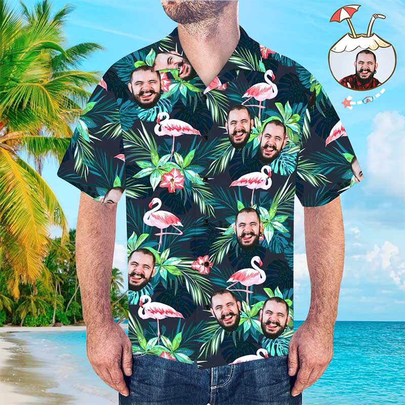 Hawaiihemden für Herren Benutzerdefiniertes Gesicht Personalisierter Hawaii Hemd Funky Hawaii-Hemd Blätter & Flamingo Button-Down-Hemden