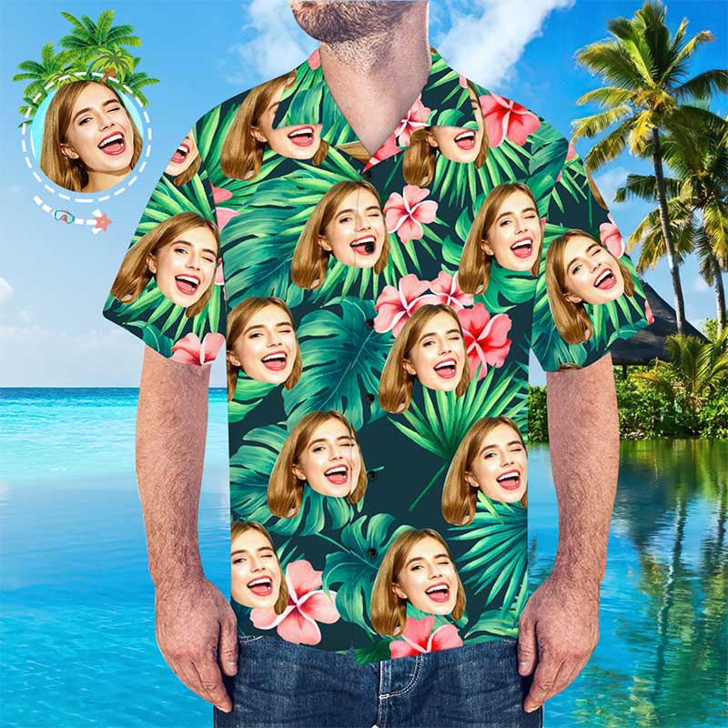 Personalisiertes Gesicht Blätter & Blumen Herren All Over Print Hawaiihemd