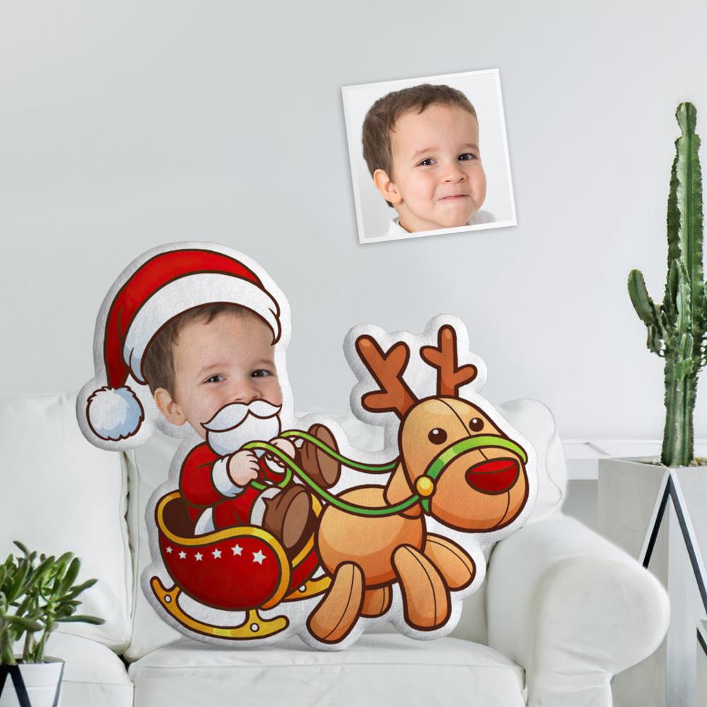 My Face Doll Custom Santa Kissen Lustiges Weihnachtsgeschenk für Kinder Minime Dekokissen Personalisiertes Baby auf einer Weihnachtskutsche reiten