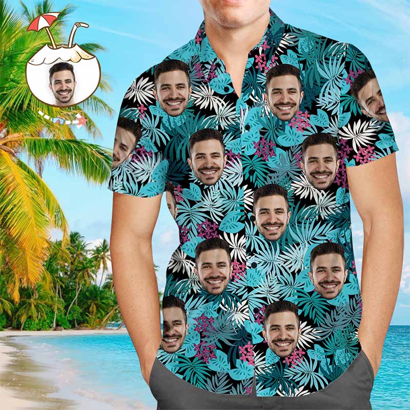 Personalisiertes Gesicht Hawaiihemd Bunte Blätter Personalisiertes T-Shirt für Ehemann