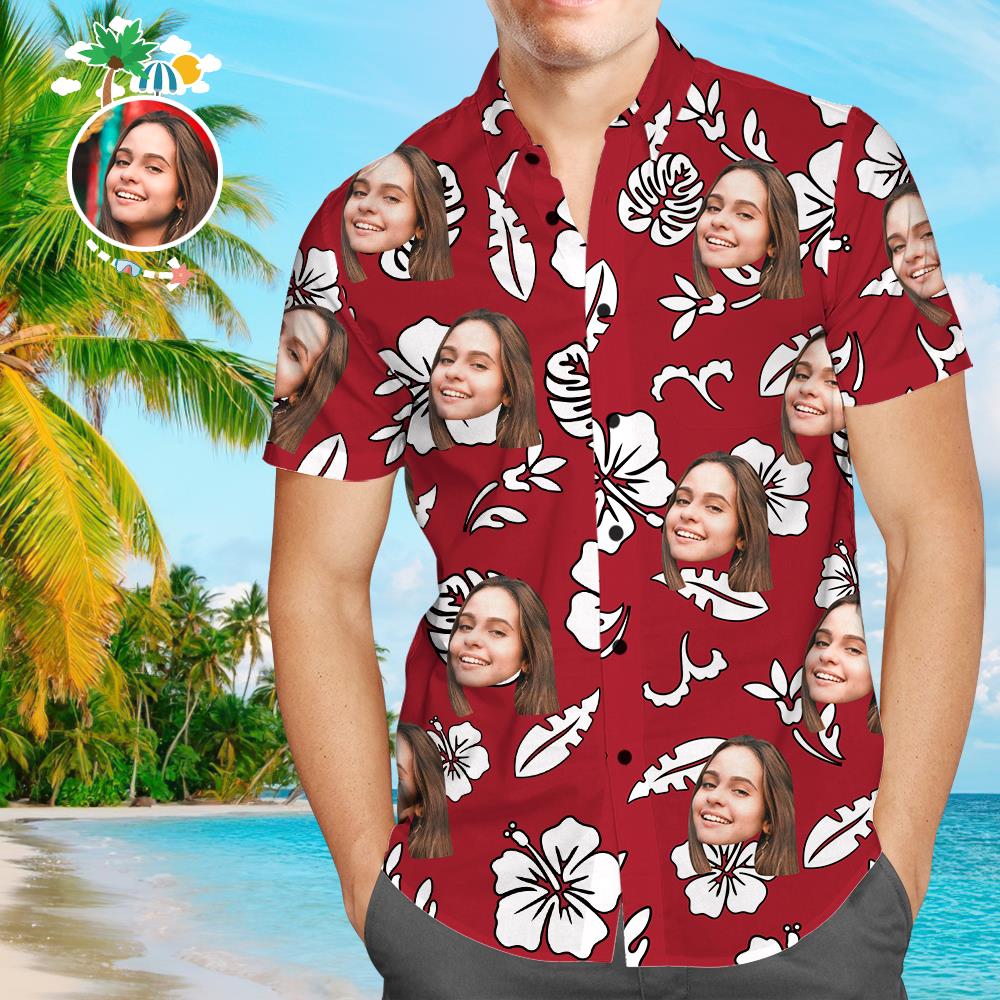 Personalisiertes Gesicht Funky Hawaiihemd Rote Button-Down-Kurzarmhemden