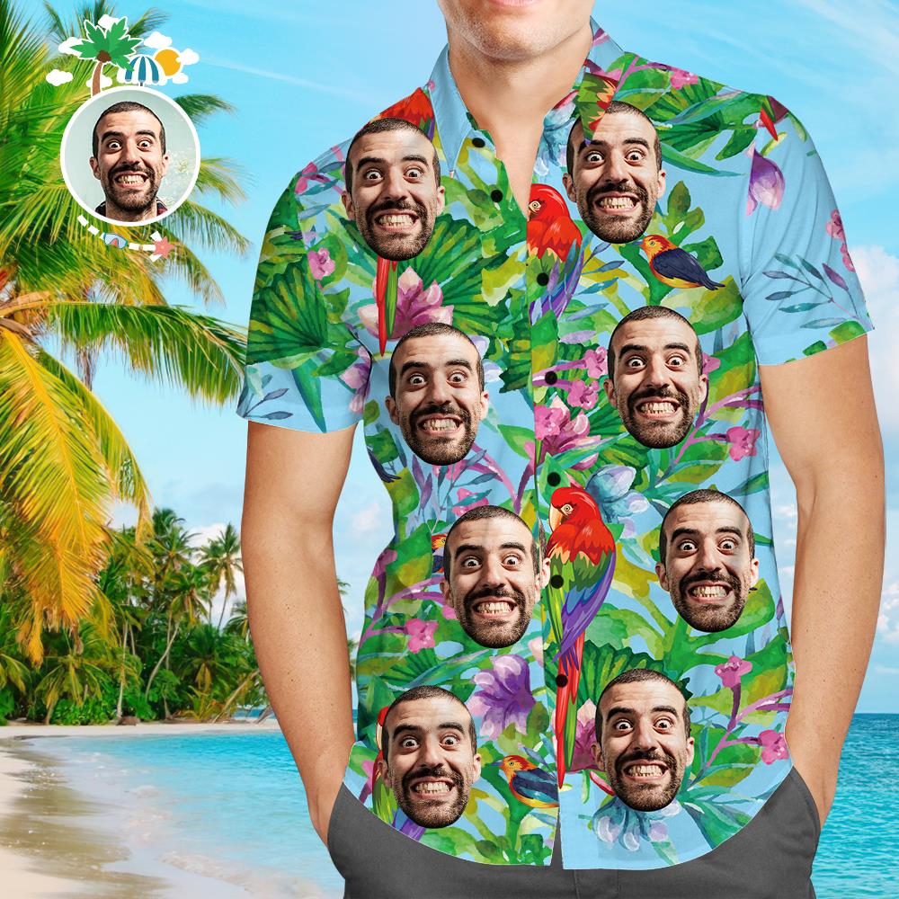 Personalisiertes Gesicht Hawaiihemd Papagei Personalisiertes T-Shirt für Ehemann