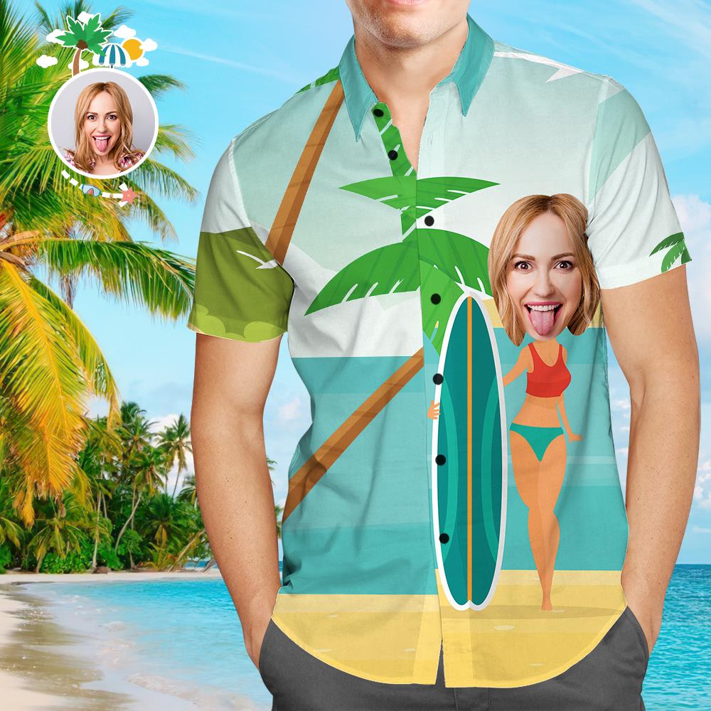 Benutzerdefinierte Freundin Gesicht Surfen Hawaiihemd mit Allover-Print für Herren