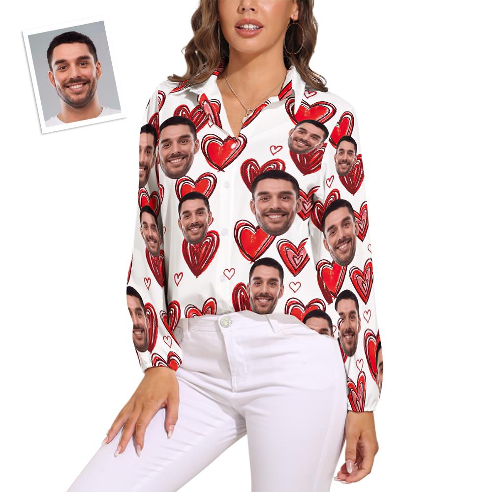 Custom Face Shirts Liebe Herz Vintage Long Sleeves Hawaiihemden für Frauen