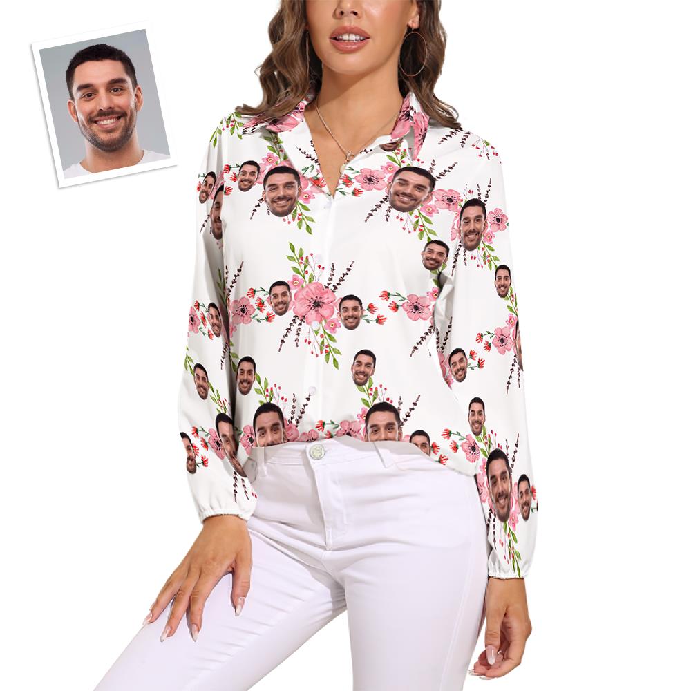 Custom Face Shirts Pink Flowers Lässige lange Ärmel Hawaiihemden für Frauen