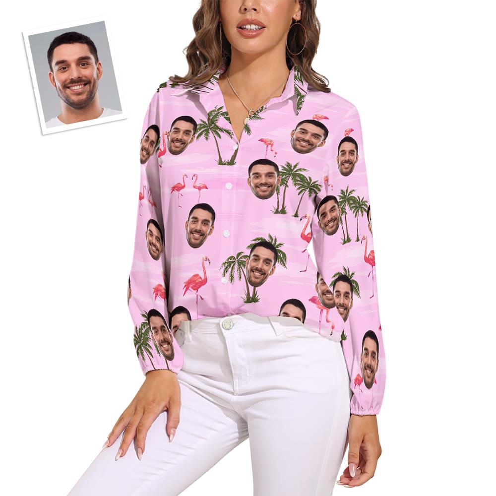 Custom Face Shirts Pink Flamingo Vintage Long Sleeves Hawaiihemden für Frauen