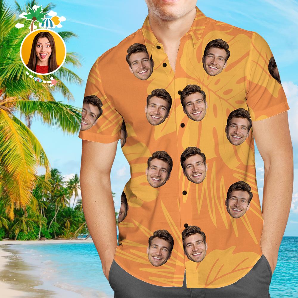 Personalisiertes Gesicht Hawaiihemd Orange Personalisiertes T-Shirt für Ehemann
