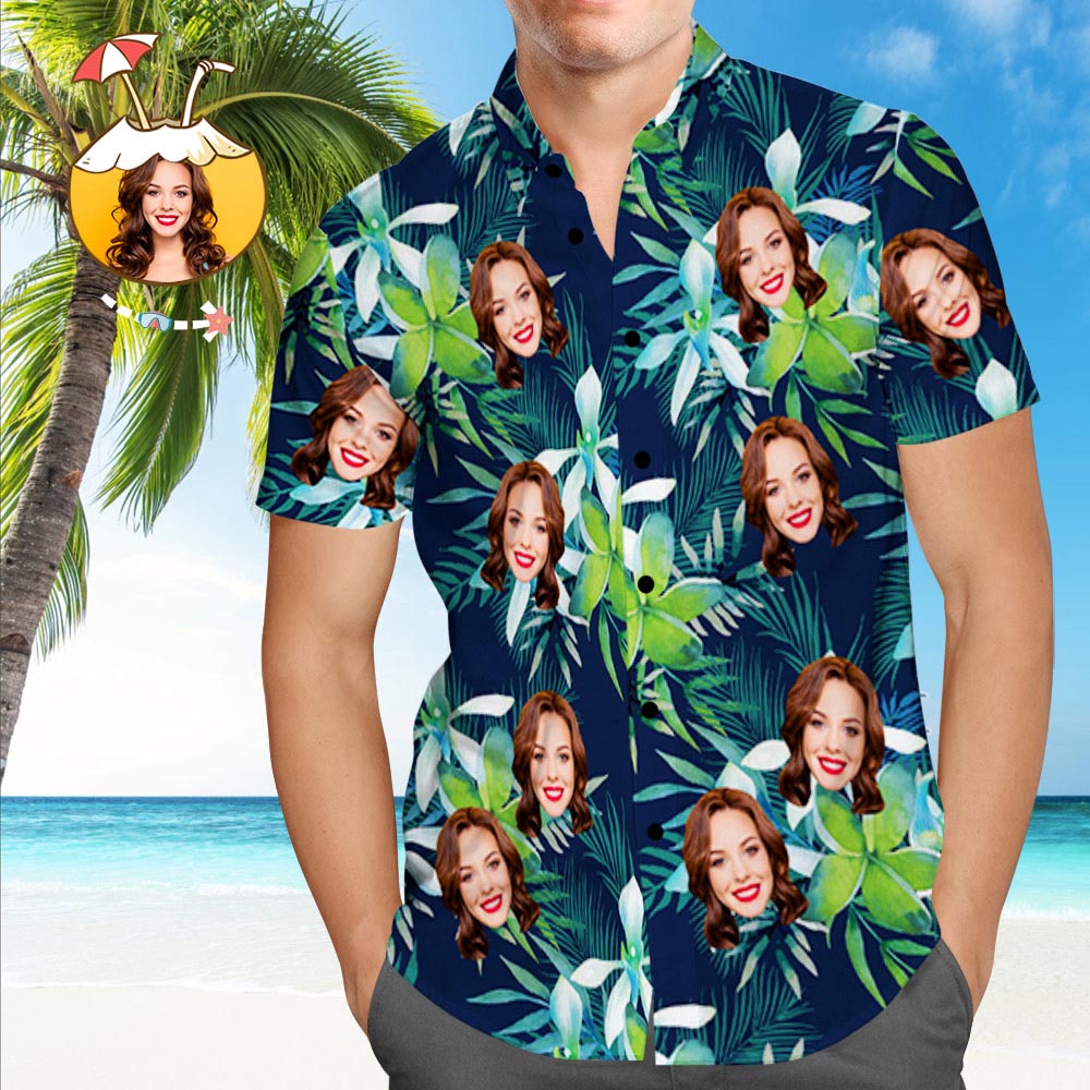 Hemd mit Gesicht Benutzerdefinierte Freundin Gesicht Blätter Hawaiihemd mit Allover-Print für Herren