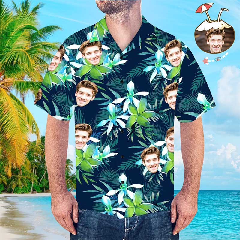 Benutzerdefiniertes Gesicht und Blätter Hawaiihemd mit Allover-Print für Herren