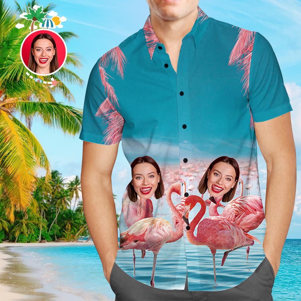 Kundenspezifisches Gesicht Hawaiihemd Rosa Flamingo Personalisiertes T-Stück für Ehemann