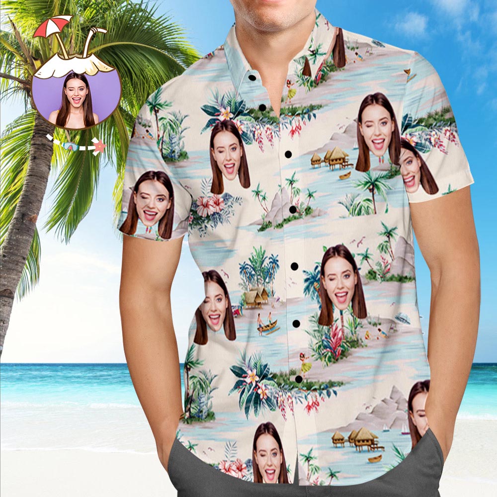 Hemd mit Gesicht Benutzerdefinierte Freundin Gesicht Hawaiihemd mit Allover-Print für Herren im Querformat