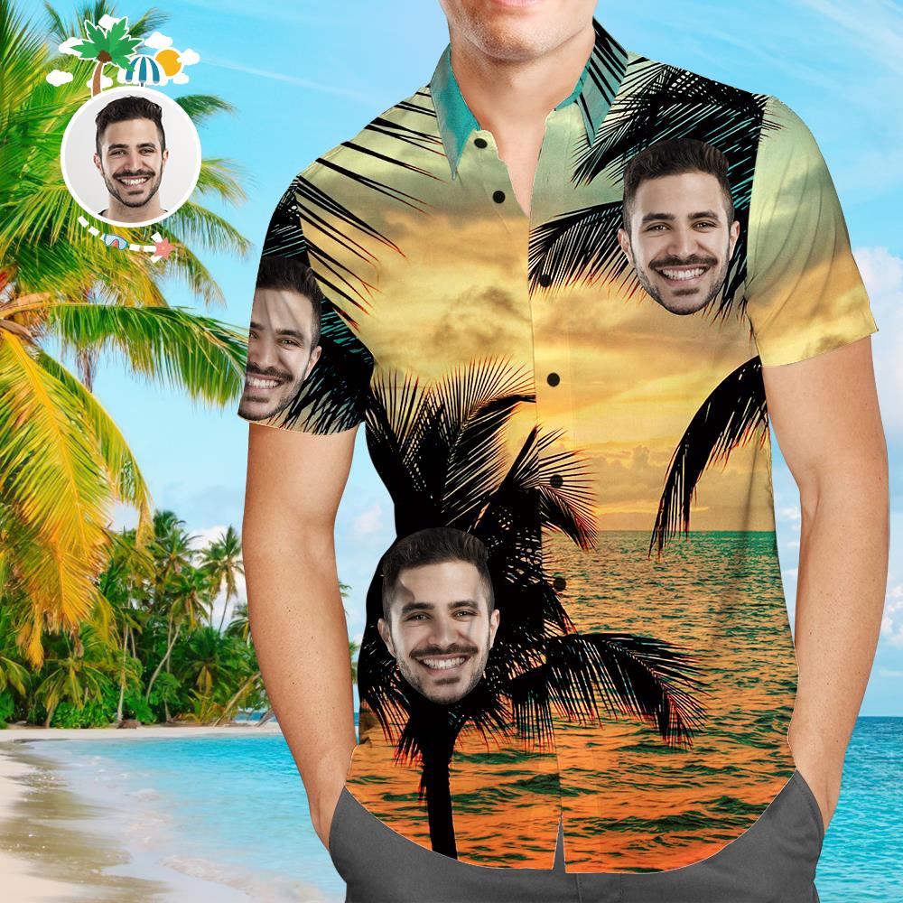 Personalisiertes Gesicht Funky Hawaiihemd Sonnenuntergang Button-Down Kurzarmhemden