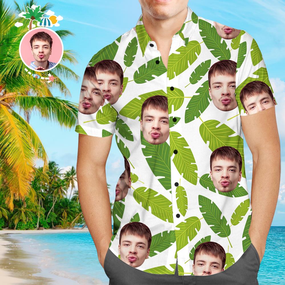Personalisiertes Gesicht Hawaiihemd Grüne Blätter Personalisiertes T-Shirt für Ehemann