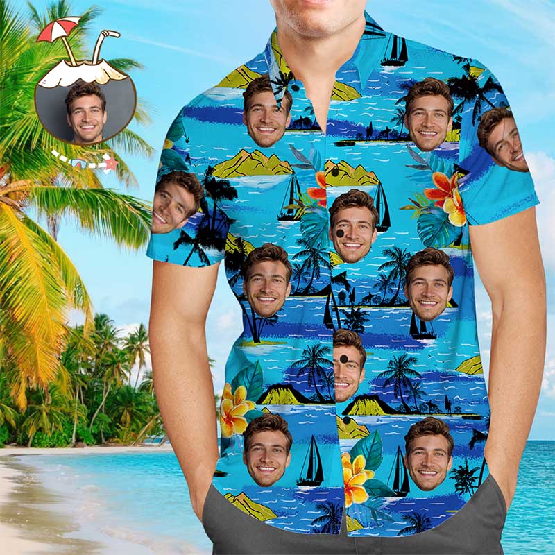 Benutzerdefiniertes Gesicht Tropische Insel Hawaiihemd mit Allover-Print für Herren