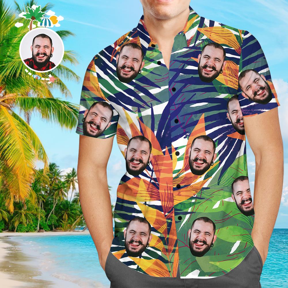 Personalisiertes Gesicht Hawaiihemd Comic Blätter Personalisiertes T-Shirt für Ehemann