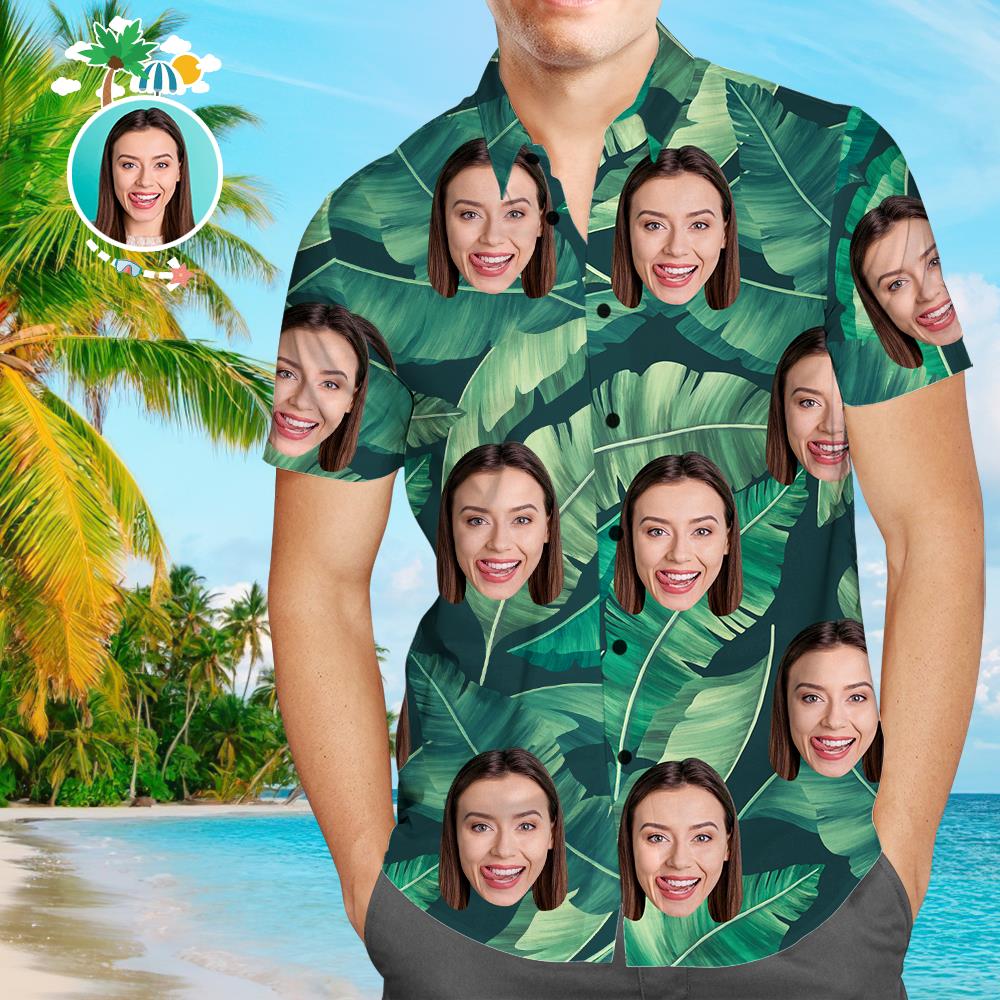 Personalisiertes Gesicht Green Leaves Herren All Over Print Hawaiihemd