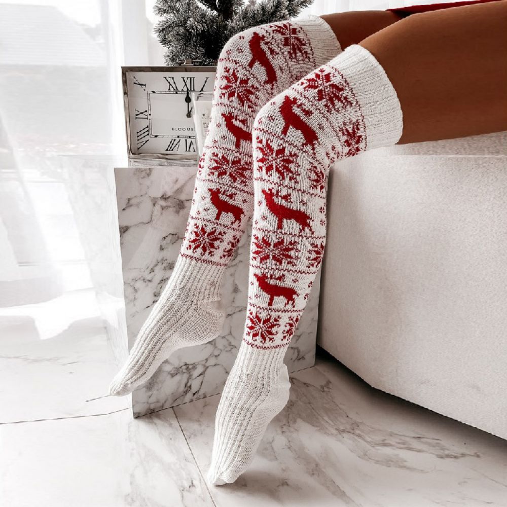 Weihnachtsschneeflocken Elch Langer Schlauch, gestrickt, über dem Knie, Stapel Damen Socken