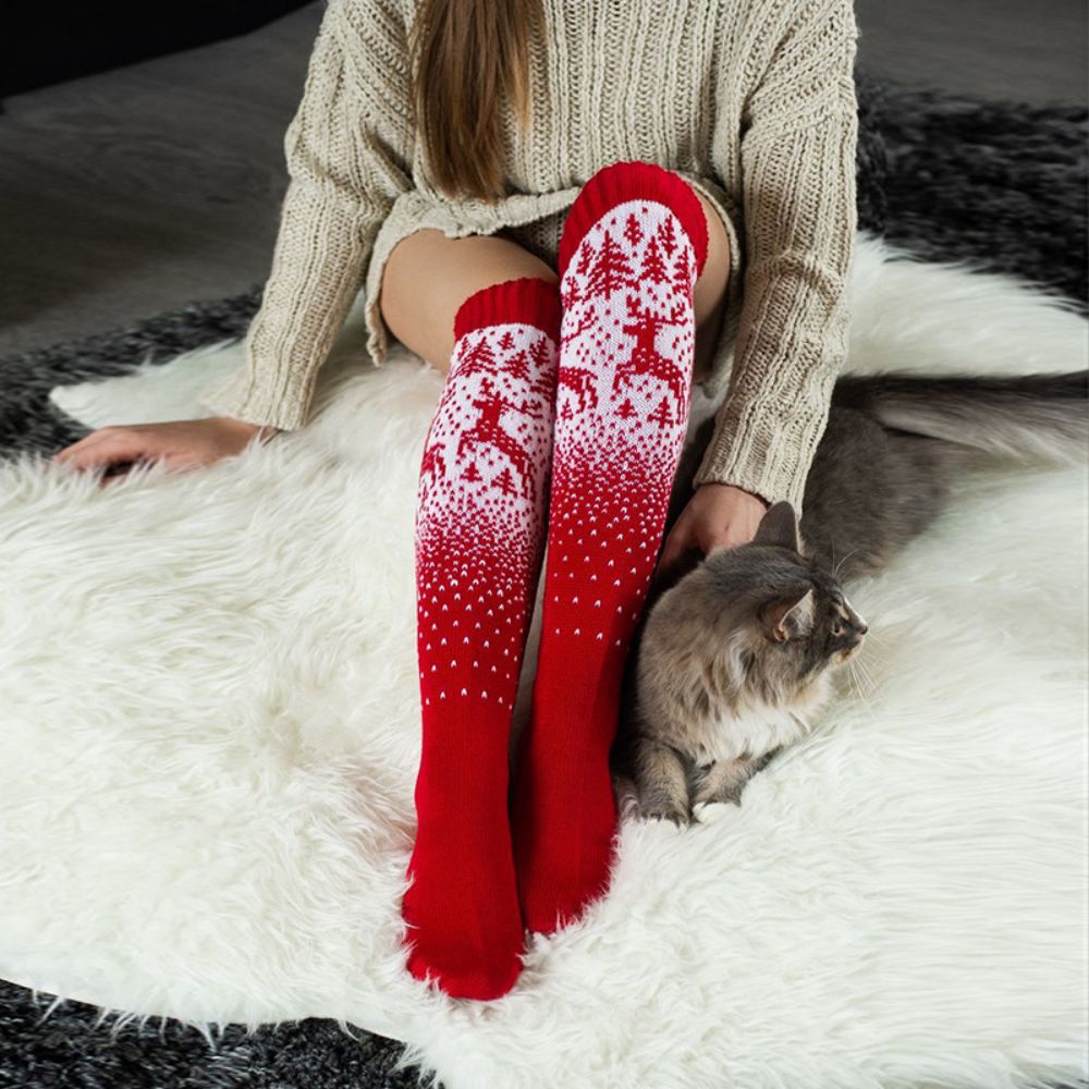 Damen Winter Beinwärmer, Stricksocken, Weihnachtselch, rot, lange Woll Overknee-Socken