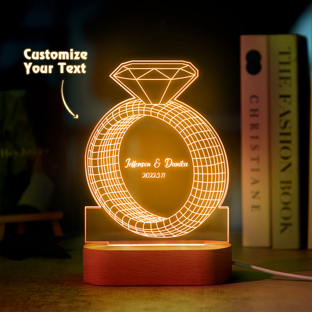 Personalisierter Text Diamantring Bunte Lampe Benutzerdefiniertes Acryl 3d-gedrucktes Nachtlicht Vorschlag Jahrestagsgeschenk - MeineFotoTassen