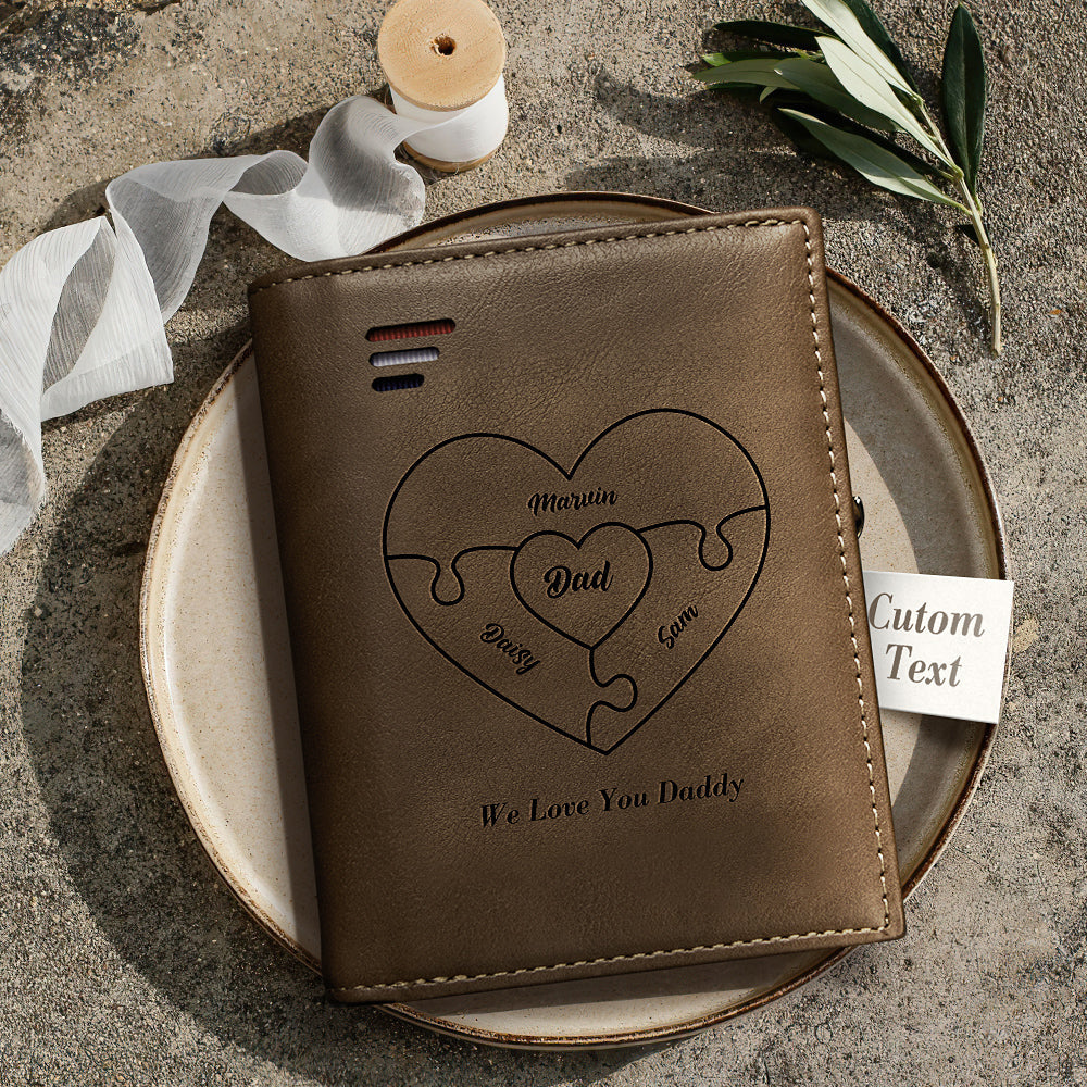 Custom Engraved Wallet Heart Shaped Name Wallet with Zipper Coin Pouch Father's Day Gifts